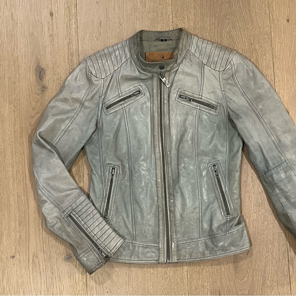 Goosecraft Leather Jacket 017 Pale Olive Green 94-2186543 Moto Blogger Trend - Picture 5 of 14